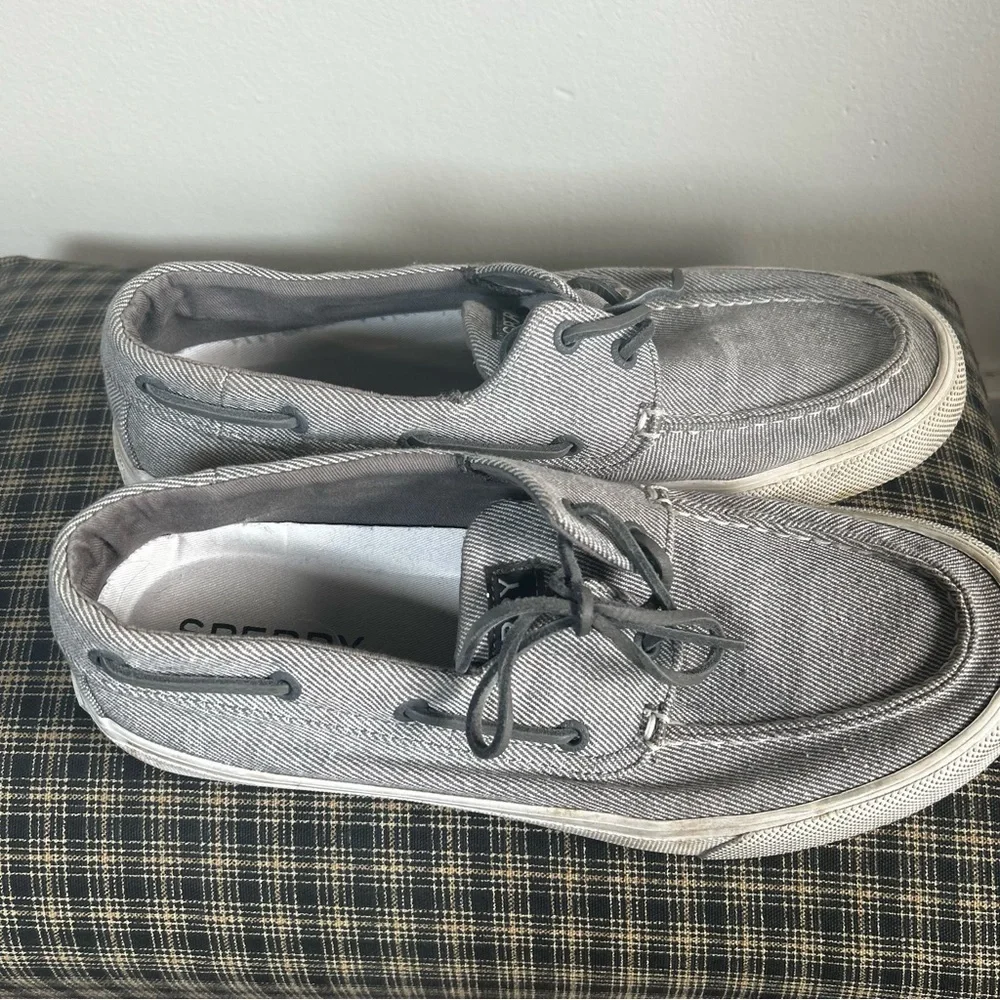Sperry Top Sider Mens Boat Shoes Gray Striped‎ Canvas Lace Up Size 8
